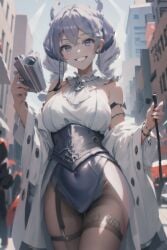 absurd_res ai_generated big_breasts dress female female_focus heels labrynth_of_the_silver_castle leotard lingerie lovely_labrynth_of_the_silver_castle rcos smile solo solo_female solo_focus yu-gi-oh!