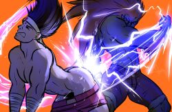 2boys all_fours ass bgn blanka bubble_ass bubble_butt capcom clenched_teeth crossover electricity gay human joe_higashi king_of_fighters male male_only muscular muscular_male orange_background pubic_hair simple_background snk spank spanked spanking street_fighter tagme video_games