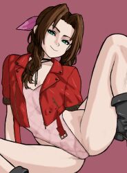 aerith_gainsborough boots braided_hair braided_ponytail brown_hair female female_only final_fantasy final_fantasy_vii final_fantasy_vii_remake green_eyes jacket pale-skinned_female pale_skin red_jacket spread_legs spreading square_enix swimsuit wabaki