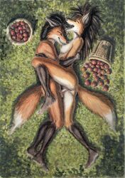 anthro apple apple_basket balls basket breasts canid canine canis closed_eyes container day day_time duo enjoying enjoyment erection female female_penetrated food fox fruit genitals grass hi_res male male/female male_penetrating male_penetrating_female mammal nipples nude nude_anthro nude_female nude_male passionate penetration penis plant pussy raised_leg sex smile syntech vaginal_penetration vaginal_penetration white_breasts