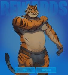 2024 anthro areola barazoku belly biceps big_bulge big_muscles blue_background body_hair bulge button_prompt claws clothed clothing english_text epic_games erection erection_under_clothing eyebrows felid fortnite fur gui happy_trail hi_res looking_at_viewer male male_only mammal musclegut muscular muscular_anthro muscular_male navel nipples oscar_(fortnite) pantherine pecs pubes scar simple_background smile solo standing tenting text thick_thighs tiger topless topless_anthro topless_male tuft underwear underwear_only zcdartz