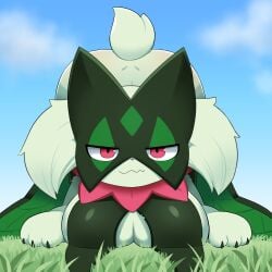 1girls 2024 big_breasts breast_squish breasts cat_girl claws feline female female_only furry furry_only generation_9_pokemon green_body green_fur looking_at_viewer meowscarada nintendo on_grass pink_eyes pokémon_(species) pokemon pokemon_(species) pokemon_sv raised_ass sum tail