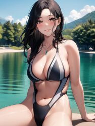 1girls ai_generated ai_mirror belly_button black_swimsuit blush brown_eyes brown_hair cliffs earrings lake lakeside long_hair looking_at_viewer medium_breasts necklace one_piece_swimsuit sitting smile swimsuit trees white_skin