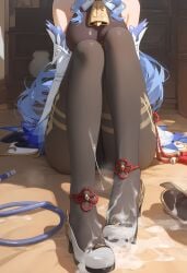 ai_generated big_breasts blue_hair cum cum_on_feet cum_on_shoes foot_fetish fully_clothed ganyu_(genshin_impact) genshin_impact miurai shoes solo_female stockings