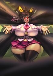 big_breasts big_thighs black_hair breasts_bigger_than_head filia_(skullgirls) hourglass_figure hug_invitation huge_thighs noonun pov red_skirt samson_(skullgirls) seductive_look skullgirls thighs thighs_together voluptuous voluptuous_female