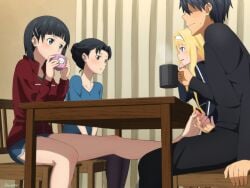 1boy 3girls alice_schuberg bangs barefoot black_hair blonde_hair blue_eyes blush brother_and_sister censored clothed collarbone cousins detailed_background eyebrows eyelashes eyeless feet female fingernails fingers footjob gym_uniform handjob hi_res incest kirigaya_kazuto kirigaya_midori kirigaya_suguha kirito long_hair male mosaic_censoring mysteryctu nail_polish nails open_eyes open_mouth penis penis_grab penis_out pussy_juice school_uniform shaded short_hair soles stealth_footjob stealth_handjob sword_art_online thick_thighs thighs tied_hair toes under_the_table wavy_mouth