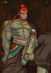 balls bara beard big_balls big_penis boner clothing cock_ring erection facial_hair ganondorf ganondorf_(tears_of_the_kingdom) gerudo green_body green_skin hakestyle male male_only muscles muscular nintendo penis red_hair ripped_clothing sitting solo solo_male tears_of_the_kingdom the_legend_of_zelda