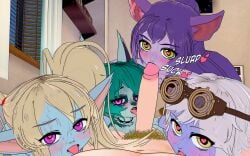 1boy 3d 4girls blonde_hair blowjob blue_body blue_skin blush fatallyobsessed fellatio female goggles goggles_on_head green_eyes green_hair green_skin heart-shaped_pupils human human_on_humanoid humanoid league_of_legends licking_nipples licking_penis lulu_the_fae_sorceress male multiple_girls onomatopoeia oral penis poppy pubic_hair purple_body purple_eyes purple_hair purple_skin silver_hair sweat tristana vex_(league_of_legends) yellow_eyes yordle yordle_on_human