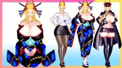 apuri beast_pirates black_maria blonde_hair blue_eyes breasts cigarette cigarette_holder female female_only geisha giantess gigantic_breasts glasses horned_female horns huge_breasts kimono nipple_bulge oiran one_piece wano_country