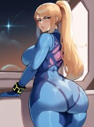 1girls abs ai_generated annoyed ass big_ass blonde_hair blue_eyes bodysuit breasts female kelly_ai large_breasts looking_at_viewer metroid nintendo ponytail samus_aran stable_diffusion zero_suit_samus