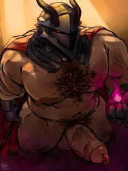 1boy bara cape character_request foreskin gay helmet helmet_only huge_cock looking_at_viewer male male_only saury solo valmore_(unicorn_overlord)