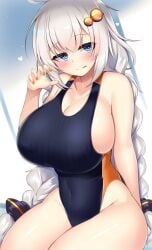 big_breasts blue_eyes kizuna_akari pov swimsuit thick_thighs twintails vocaloid voiceroid white_hair