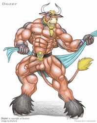 abs anthro balls belt biceps big_penis blonde_hair bovine braford bull do_not_distribute furry hair male male_only muscles pecs penis solo uncut