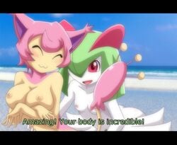 anthro breasts fake_screenshot female furry kirlia nipples parody pokemon pokemon_(species) skitty yuri