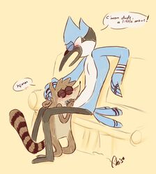 2012 avian bird blue_jay blush cum cum_in_mouth cum_inside cum_on_face dialogue erection feathers fellatio forced_oral furry furry_only gay male mordecai no_humans nude oral oral_sex penis plain_background raccoon re-sublimity-kun regular_show resuku rigby sex yaoi