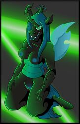 anthro blue_hair blue_nipples breasts changeling creature crown equine fangs female friendship_is_magic furry green_eyes horn horse kneeling mane monster my_little_pony nipples nude open_mouth popesslodovica pussy queen_chrysalis_(mlp) smooth_skin solo teeth wings