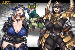 2girls breasts diablos_(armor) monster monster_hunter monster_hunter_world multiple_girls pukei-pukei tzitzi-ya-ku_(armor)