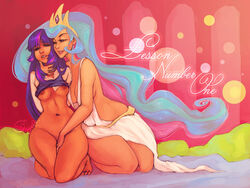 2girls breasts ehryel female female_only friendship_is_magic human human_only humanized kneeling long_hair multicolored_hair multiple_females my_little_pony nipples princess_celestia_(mlp) shirt_lift smooth_skin tiara twilight_sparkle_(mlp) yuri