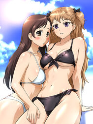 2girls arm_support bikini black_bikini black_swimsuit blonde_hair blush breasts brown_hair cleavage cloud curvy female front-tie_top hair_ornament hair_ribbon hairpin hand_on_leg large_breasts leg_grab light_brown_hair long_hair looking_at_viewer midriff morikawa_yuki multiple_girls navel ogata_rina purple_eyes ribbon shy side-tie_bikini sitting sky smile swimsuit ueyama_michirou underboob white_album white_album_(series) white_bikini white_swimsuit yellow_eyes yuri