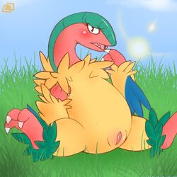 archeops avian blush exed_eyes fangs female looking_at_viewer nude open_mouth outside plump_labia pokemon pussy sitting solo source_request spread_legs spreading