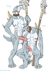 2futas animal_genitalia anthro areolae balls breasts canine claws collar curvy demon-man erect_nipples erection freki fur furry futa_on_futa futa_only futanari geri horn intersex knot large_balls large_breasts large_penis medium_breasts multi_breast nipples nude oral oral_sex penis sex small_breasts tongue tongue_out weapon wolf