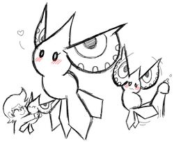 1boy 1girls blush exed_eyes eyelashes handjob hug human insect interspecies male masquerain monochrome partially_colored penis pokemon pokemon_rse pokephilia precum size_difference sketch straight wings