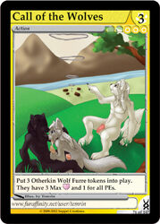 anthro black_fur camp canine card color cum cum_in_mouth day erection fellatio fur furoticon furry male oral oral_sex outdoors penis sex smoke tcg temrin tribes_of_tanglebrook white_fur wolf