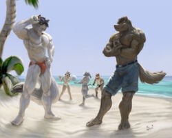 anthro banana_hammock beach belt bikini bulge canine chest_tuft clothes dog_tags female flexing fox fur furry jeans lion21 male male_focus muscles plantigrade sand seaside shorts skimpy smile speedo sunglasses swimsuit tattoo thong tree underwear volleyball wolf wood