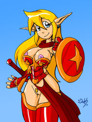 areola armor blonde_hair blue_eyes breasts dahs elf elfy female green_eyes nipples nude nudity open_clothes pointy_chin pointy_ears pubic_hair pussy solo