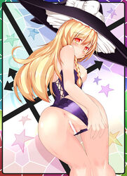 1girls alternate_costume ass blonde_hair bow braid breasts breasts_out censored corset female hat hat_bow long_hair looking_back marisa_kirisame nipples pussy solo takiteru touhou witch_hat yellow_eyes