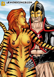 1boy 1girls avengers black_knight bottomless breasts dane_whitman feline female greer_nelson leandro_comics male marvel naked nipples nude penis pussy tigra topless