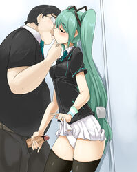 black_legwear censored closed_eyes family_mart fat_man female glass hair_ornament handjob hatsune_miku kissing long_hair male momio panties penis skirt skirt_lift thighhighs tied_hair twintails ugly_man underwear vocaloid white_panties