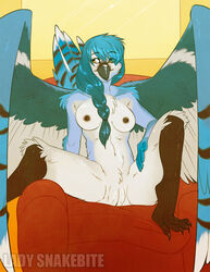 2012 avian bird blue_jay breasts female lady_snakebite nude pussy solo spread_legs spreading teal teal_hair wings