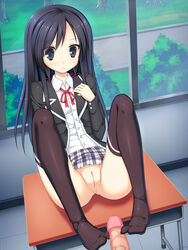 black_eyes black_hair censored desk feet footjob long_hair mosaic_censoring my_teen_romantic_comedy_snafu no_panties no_shoes ochinsama penis pointless_censoring pussy school_uniform skirt thighhighs toes yukinoshita_yukino