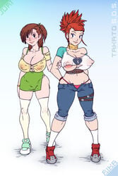 2girls aged_up areolae bare_calves big_breasts blue_eyes breasts brown_eyes brown_hair busty calves digimon digimon_tamers female female_focus female_only footwear front_view grown_up hourglass_figure juri_katou looking_at_viewer nipples orange_hair rika_nonaka ruki_makino smile sparrow_(artist) thighhighs thong torn_clothes wide_hips