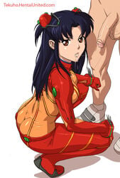 1girls ass asuka_langley_sohryu_(cosplay) ballsack big_balls bodysuit breasts cleavage clothing cum fellatio female flared_penis human large_breasts light-skinned_female light_skin long_hair looking_at_viewer male misato_katsuragi neon_genesis_evangelion oral penis pilot_suit plugsuit precum purple_hair rebuild_of_evangelion shinji_ikari squatting tekuho test_plugsuit uncensored