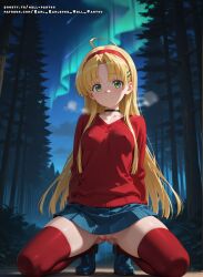 ahoge ai_generated asia_argento blonde_hair female green_eyes hell-pantsu high_school_dxd pussy pussy_juice skirt sweater vagina wet_pussy