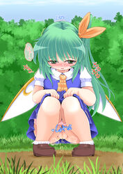 1girls ankle_socks anklehighs bangs blue_dress blush bobby_socks bow brown_loafers cloud clouds daiyousei dress frilled_legwear frilled_socks frills grass green_eyes green_hair heavy_breathing highres loafers long_hair nature necktie outdoors outside panties panting panty_pull peeing pink_panties pussy shiver shoes side_ponytail sky socks solo sparkle squatting text tooculi touhou translation_request tree trees trembling uncensored underwear white_legwear white_socks wings