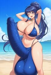 1futa 1girls ai_generated areola_slip bangs bare_arms bare_legs beach bikini blue_bikini blue_eyes blue_hair blush choker cleavage covered_penis covered_testicles female fire_emblem fire_emblem:_the_sacred_stones futa_only futanari hands_behind_head high_ponytail huge_areolae huge_balls huge_breasts huge_bulge huge_cock hyper impossible_clothes impossible_fit large_penis long_ponytail looking_at_viewer nipple_bulge open_mouth sidelocks smile smiling solo tana_(fire_emblem) twin_braids unkftlvr wink