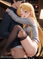 1boy 1boy1girl 1girls ahoge ai_generated asia_argento blonde_hair cum female green_eyes happy_sex hearts_around_head hell-pantsu high_school_dxd no_panties pussy pussy_juice sex sweater vagina wet_pussy