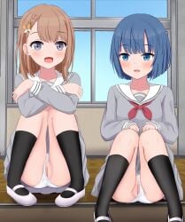 2girls :d asymmetrical_bangs black_socks blue_eyes blue_hair blue_sky blush braid brown_hair cleft_of_venus clothing_aside commentary_request commission crossed_arms day grey_eyes grey_serafuku grey_shirt grey_skirt hanasato_minori highres indoors kiritani_haruka knees_up long_sleeves michou multiple_girls neckerchief on_floor panties panties_aside pixiv_commission pleated_skirt project_sekai puffy_long_sleeves puffy_sleeves pussy red_neckerchief sailor_collar school_uniform serafuku shirt shoes short_hair sitting skirt sky sleeves_past_wrists smile socks stairs underwear white_panties white_sailor_collar white_shoes window wooden_floor