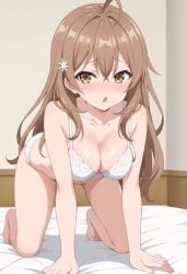 1girls bedroom bedroom, bikini bikini_only blush breasts brown_eyes brown_hair female kneeling kneeling_on_bed maria_mikhailovna_kujou medium_breasts open_mouth solo solo_female tokidoki_bosotto_russian_de_dereru_tonari_no_alya-san