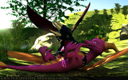 3d claws cum cynder erection eye_contact eyes female feral grass green_eyes grimm handjob horn looking_at_another lying male nature nude on_back outside penis purple_eyes sky slit spikes spyro spyro_the_dragon straight wings