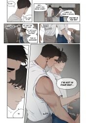 2boys angry arguing colored couple dialogue doujinshi english english_text gay height_difference indoors inside juiart kitchen male male_only muscular muscular_male text text_bubble