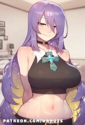 ai_generated big_ass big_breasts big_butt big_thighs blush crop_top huge_ass huge_breasts huge_butt huge_thighs moona_hoshinova purple_eyes purple_hair wanuze wide_hips