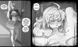 1boy 2_panel_comic 2girls ahoge ballerina_shoes bare_legs big_breasts black_and_grey black_and_white blowjob blush breasts cleavage comic comic_page comission cuckquean cum cum_in_mouth cum_inside english english_text hentaly ignoring_another jaune_arc knocking_on_door light-skinned_female light-skinned_male light_skin long_hair medium_breasts monochrome naked naked_female naked_male netorare ntr oblivious oral oral_sex ponytail reverse_netorare reverse_ntr rooster_teeth rwby saliva saliva_on_penis scar_across_eye scar_on_face side_ponytail skirt sound_effect tagme two_panel_image viz_media weiss_schnee yang_xiao_long