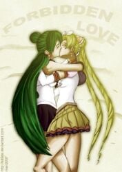 2girls blonde_hair bow closed_eyes elbow_gloves female female/female female_only gloves green_hair hair_bun hug kissing lesbian_kiss long_hair magical_girl multiple_girls pleated_skirt sailor_collar sailor_senshi_uniform skirt striped yuri