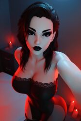 1girls 3d 3d_(artwork) ai_generated bare_shoulders big_ass big_breasts black_dress black_hair black_lips, black_lipstick busty candle candles cleavage collarbone female goth goth_girl long_hair pale-skinned_female pale_skin radnsad red_lighting solo solo_female solo_focus thick_thighs thighhigh_boots thighhighs thighs white_skin wide_hips