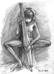 artistic_nude beauty_tamura closed_eyes female instrument monochrome nonsexual_nudity pencil_(artwork) playing_instrument radiohead serious solo tasteful_nudity traditional_media_(artwork)