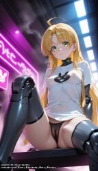 ahoge ai_generated asia_argento black_panties blonde_hair cybernetic_arm cybernetic_legs cybernetics female green_eyes hell-pantsu high_school_dxd nipples nipples_covered small_breasts white_shirt